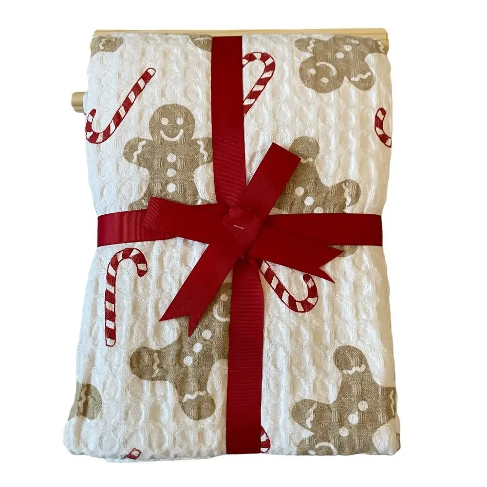 Joy & Jolly GINGERBREAD Shower Curtain 72x72 Christmas Candy Cane Waffle Weave